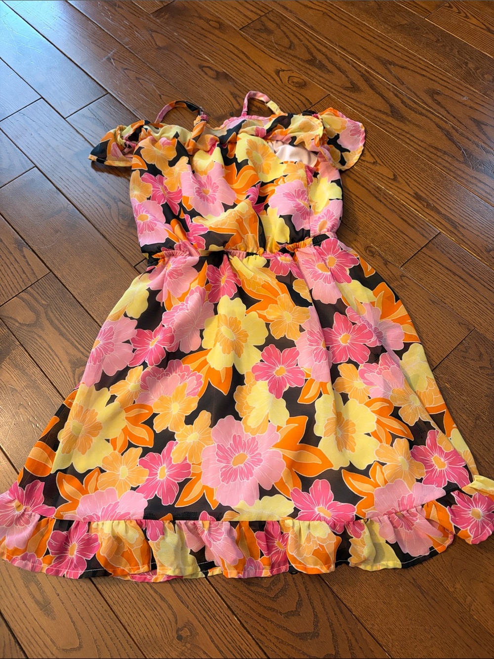 🔥 2/$25 - Girls Black Floral Ruffle Sun Dress - Pink, Yellow & Orange